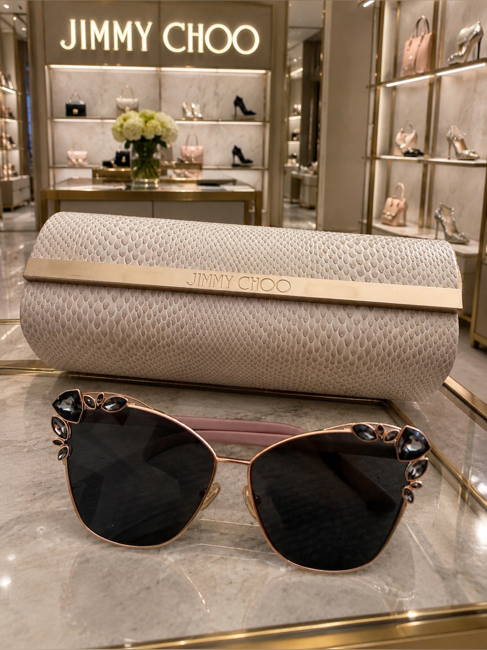 Jimmy Choo Rose Gold Cat-Eye Sunglasses with Black Lenses